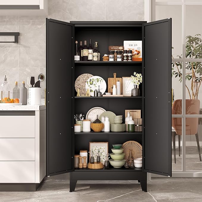 61" Kitchen Pantry Cabinet, Metal Storage Cabinet with 2 Doors and 3 Adjustable Shelves, Black Food Pantry Cupboard for Kitchen, Dining Room, Living Room and Bathroom (Black)