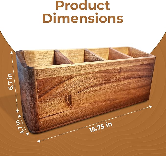 Dstuff Large Kitchen Utensil Holder Organizer for Counter or Countertop, Wooden Storage Container for Cooking and Silverware, Acacia Rustic Wood (4 Compartments)