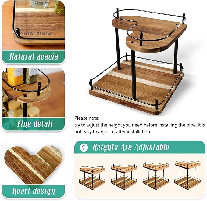 SAOCAIHUL Acacia Wooden Spice Rack Organizer Lazy Susans Rotating Countertop 2 Tiered Display Shelf Kitchen Adjustable Height Spinning Spice Rack 11.8INCH Large Capacity