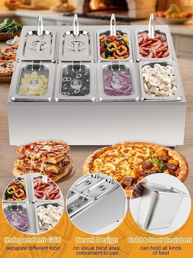 Lanstics Pizza Topping Station Pizza Storage Container Topping containers with Lids Spoon Condiment Organizers Buffet Containers Set for Restaurant Pizza Sauce Jam Fruit Ingredient Pantry (8 Pans)
