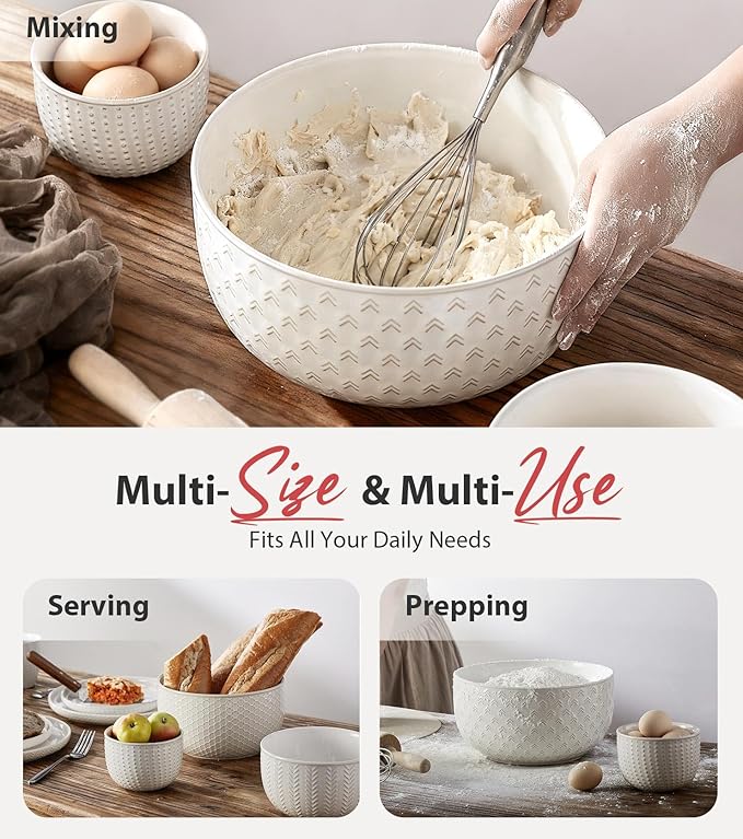 Lareina Ceramic Large Mixing Bowls Set of 4, Nesting Bowls for Cooking, Baking, Salad Etc, Serving Bowls Gift, Kitchen Stoneware, Oven, Microwave and Dishwasher Safe - 20/44/98/145 OZ, Ivory White