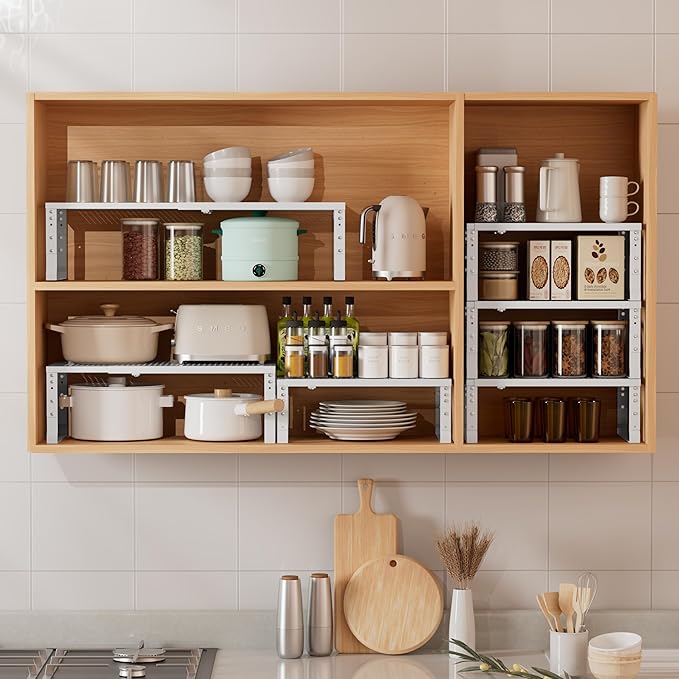 Asiingkel Metal Stackable Expandable Storage Shelf - Multi-Functional Home Storage Shelf, Suitable for Kitchen, Cabinet，Bathroom, Office, Garage, etc.（1PACK/White/Medium