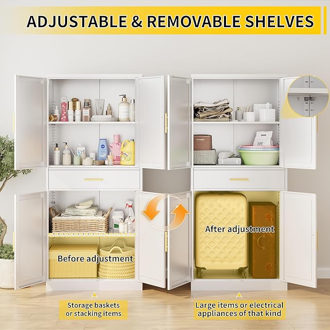 Metal Kitchen Pantry Cabinet, 71"Tall Cabinet with 1 Drawer, Doors and 2 Adjustable Shelves, Pantry Cabinets for Kitchen Storage, Metal Storage Cabinet for Kitchen, Dining Room, Living Room- White