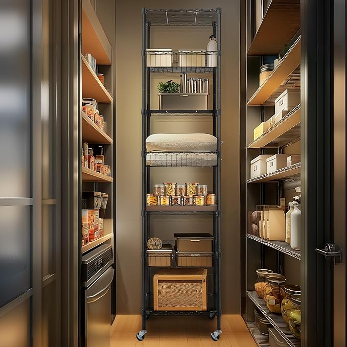 Finnhomy Heavy Duty 7 Tier Wire Shelving Unit with Wheels 18x18x78.8-inches 7 Shelves Metal Storage Rack Thicken Steel Tube, Adjustable Shelving Rack for Kitchen Bathroom Office, NSF Certified, Black