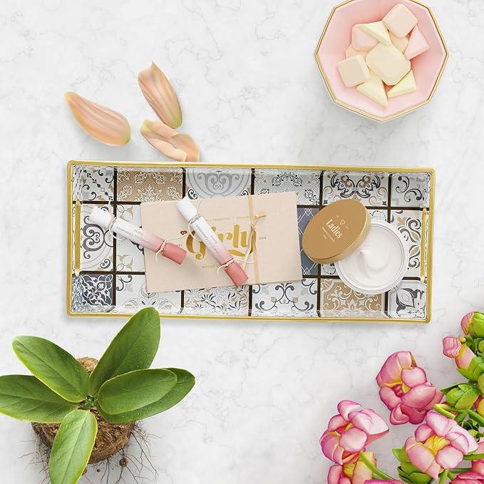 Leemxiiny Bathroom Vanity Tray for Countertop, Small Plastic Toilet Tank Tray Versatile Storage & Organization Tray for Makeup, Perfume, Desk, Kitchen, Candles, 13.7"x6"x1.4", 35Boho3
