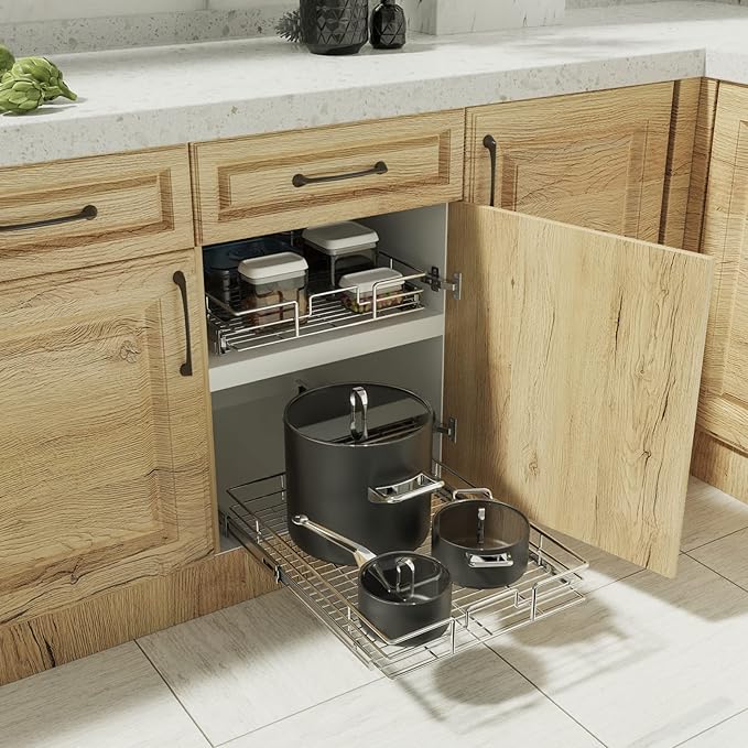 ROOMTEC Pull Out Cabinet Organizer, Cabinet Pull Out Shelves 25½" W x 21½" D, Heavy Duty Cabinet Drawers Slide Out Kitchen Cabinet Organizers Storage Shelf