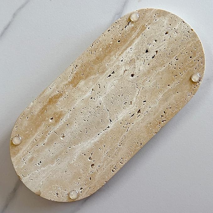 SAIDKOCC Natural Marble Oval Tray Ornaments Vintage Small Tray Storage Dish for Counter, Vanity, Dresser, Nightstand and Desk (Beige Travertine)
