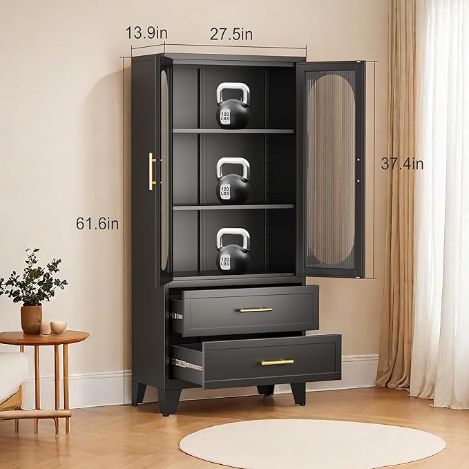 pozdeg Metal Garage Storage Cabinet, Kitchen Pantry Storage Cabinet with 2 Drawers and 2 Adjustable Shelves Versatile Storage for Homes Offices Gym Basement Warehouse (Black)