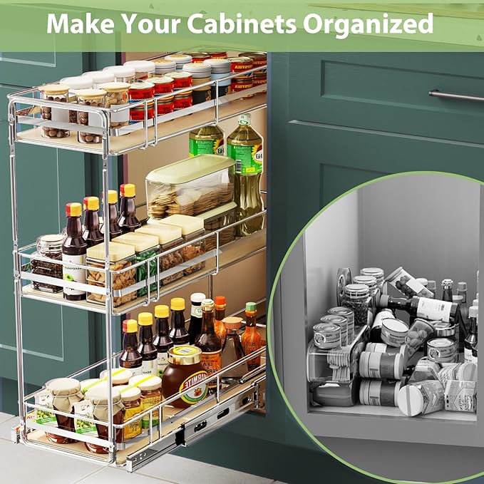 Pull Out Spice Rack Cabinet Organizer 7" W x 20½" D, 3 Tier Heavy Duty Slide Out Wood Shelf for Narrow Cabinet, Pull Out Storage for Kitchen