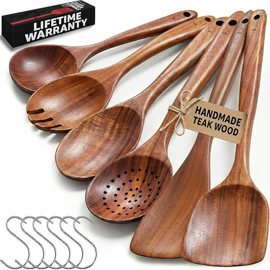PriorityChef Premium Teak Wooden Spoons for Cooking, Non-Stick Safe and Heat Resistant 6pc Wooden Utensil Set with Hanging Hooks, Wood Cooking Utensils