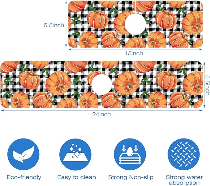 Thanksgiving Pumpkin Kitchen Sink Splash Guard Mat Buffalo Plaid Absorbent Fast Drying Mat Faucet Draining Mat Sink Splash Guard Behind Faucet Drip Catcher for Kitchen Bathroom 5.5"×24"
