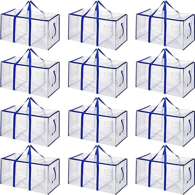 Aliceset 12-Pack Clear Moving Bags 90.84L Heavy Duty Extra Large Storage Totes with Reinforced Handles & Zippers, for Moving, College Dorm, Traveling(Royal Blue)