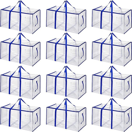 Aliceset 12-Pack Clear Moving Bags 90.84L Heavy Duty Extra Large Storage Totes with Reinforced Handles & Zippers, for Moving, College Dorm, Traveling(Royal Blue)