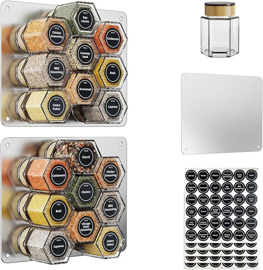 Set of 18 Magnetic Glass Spice Tins with 100 Preprinted Seasoning Label Stickers (Include Black Metal Wall-Plates)
