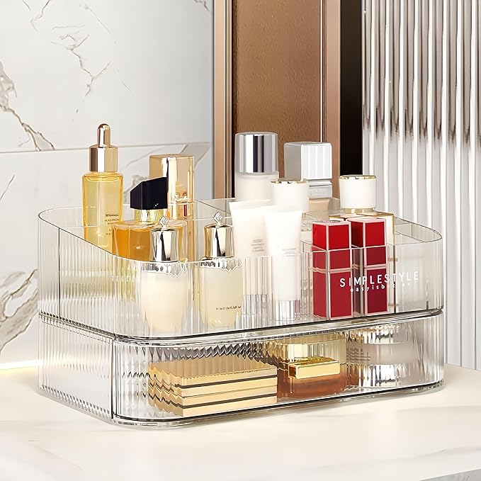 Decorcode Clear Makeup Organizer for Vanity, Large Desk Organizer with Stackable Drawer for Cosmetics, Skincare, Lipsticks, Palette, Nail Care, Ideal Storage for Dresser and Bathroom Countertop