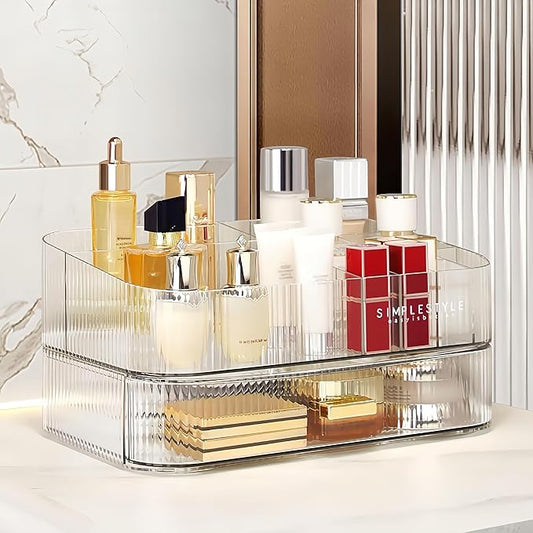 Decorcode Clear Makeup Organizer for Vanity, Large Desk Organizer with Stackable Drawer for Cosmetics, Skincare, Lipsticks, Palette, Nail Care, Ideal Storage for Dresser and Bathroom Countertop