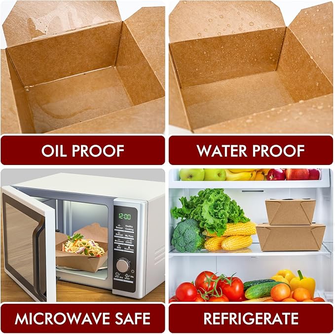 EcoDispose 45 oz Kraft Paper Pack of 80 Fold To Go Containers, Microwaveable Leak and Grease Proof Take Out Boxes for Lunch,Leftover and Restaurant