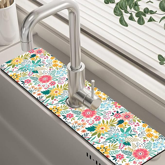 Colorful Floral Leaves Berries Kitchen Sink Splash Guard Mat Absorbent Fast Drying Faucet Draining Mat Behind Faucet Drip Catcher for Kitchen Bathroom 5.5"24