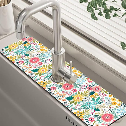 Colorful Floral Leaves Berries Kitchen Sink Splash Guard Mat Absorbent Fast Drying Faucet Draining Mat Behind Faucet Drip Catcher for Kitchen Bathroom 5.5"24