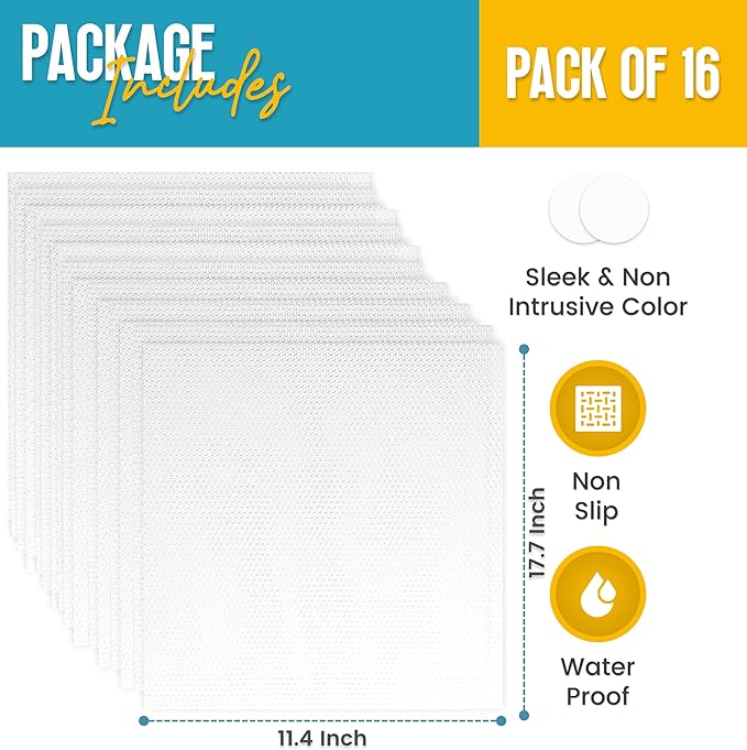 Refrigerator Liners for Shelves (16 Pack) by Linda’s Essentials - Non-Adhesive Shelf or Drawer Liner, BPA-Free Fridge Mats for Kitchen & Cabinets, Easy to Clean, Ideal Household Essentials (Clear)