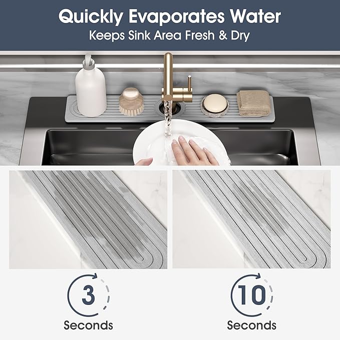Quick Drying Stone Faucet Mat for Kitchen Sink - Diatomite Sink Mat Absorbing Stone Tray for Bathroom Counter, Sink Faucet Splash Guard Water Protector Matt for Kitchen Counter(Light Gray, 14" x 3.9")