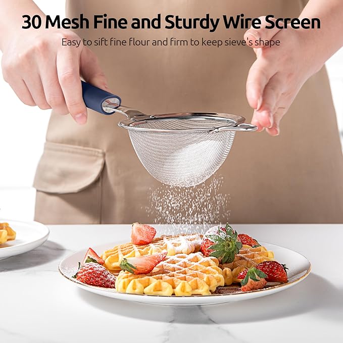 U-Taste Fine Mesh Food Strainer: 18/8 Stainless Steel 30 Mesh Kitchen Sieve with Sturdy Riveted Silicone Handle, Heavy Duty Deep Handheld Metal Colander (Small/3.35in+Medium/4.73, Midnight Blue)