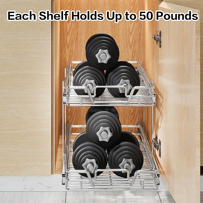 QUYUWU 2-Tier Kitchen Cabinet Pull Out Shelf and Drawer Organizer Slide Out Pantry Storaqe Basket in Multiple Sizes (14" W x 21" D)