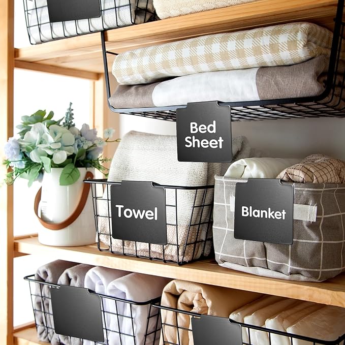 50 Pcs Basket Labels Clip Set for Storage Bins - Include 48 Removable PVC Bin Label Holders with 2 Chalk Markers for Kitchen Pantry Organization Labeling Box Shelf (Black)