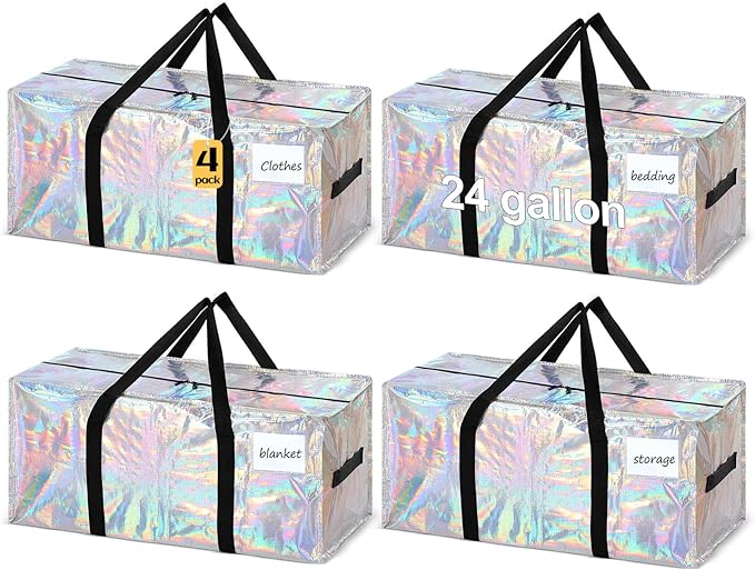 4 Pcs 24 Gallon Extra Large Moving Bags Heavy Duty Storage Bag with Strong Zipper Handle Foldable XXL Jumbo Storage Tote Packing Moving Box for College Dorm Travel Cloth Duffle (Iridescent)