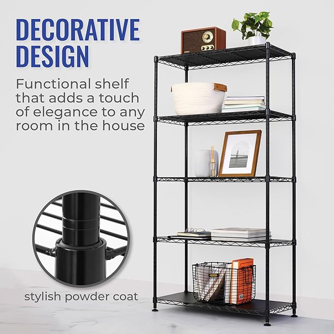 SafeRacks - NSF Certified Storage Shelves, Zinc, Heavy Duty Steel Wire Unit with Adjustable Feet, Garage or Bakers Rack, Kitchen, Pantry Shelf - (14"x30"x60" 5-Tier) (Black)