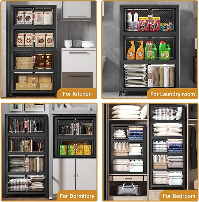 Extra Large Stackable Storage Bins with Lids & Wheels, 440QT-55QT/30GAL*8Pack Foldable Collapsible Closet Organizers Dark Storage Cabinet with Doors for Bedroom Dorm