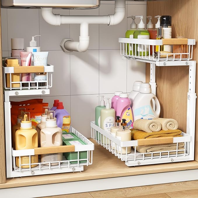 PXRACK Under Sink Organizer, Adjustable Height, 2 Tier Pull Out Under Cabinet Organizer, Slide Out Thickened Metal Under Sink Storage for Kitchen Bathroom Laundry Pantry Cabinet, 2-Pack, White