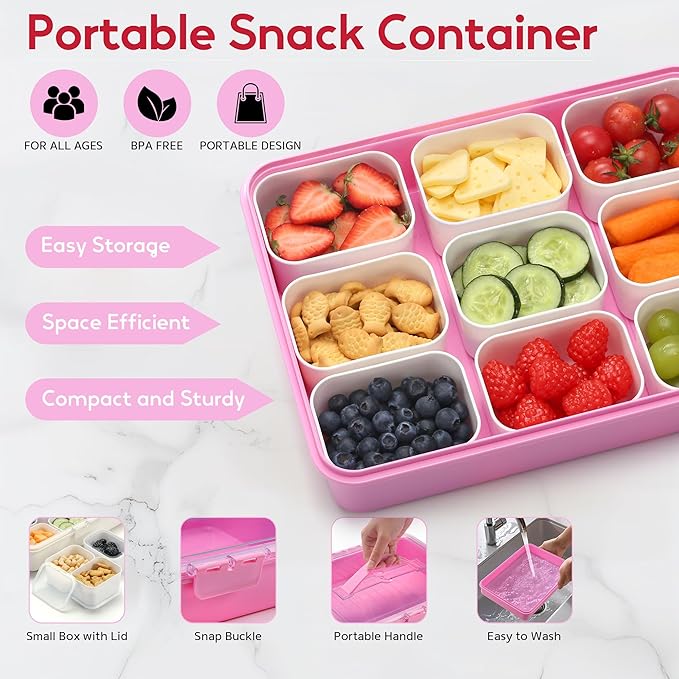 Snackle Box Container for Adults with 9 Compartment, Divided Serving Tray Snack Box Containers with Lid and Handle, Charcuterie Boxes Portable Snack Platter for Fruit Veggie Party Travel, Pink