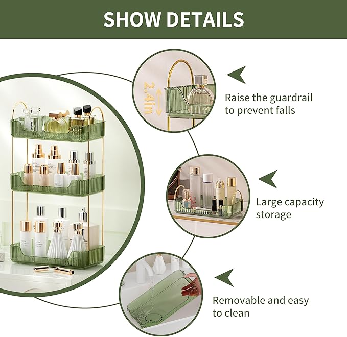 CESTATIVO Bathroom Counter Organizer, Green, Stainless Steel, 11.8" L x 6.7" W x 18.9" H, Modern Metal Handles, Smooth Edges, Large Capacity, Minimalist Design, Ideal Gift