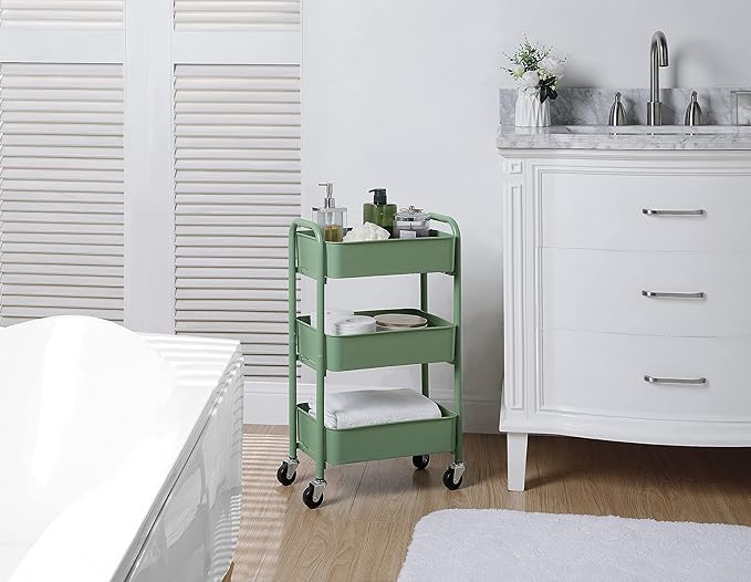 SunnyPoint 3-Tier Delicate Compact Rolling Metal Storage Organizer - Mobile Utility Cart Kitchen/Under Desk Cart with Caster Wheels - Turq (15.35" X 10.24" X 26.8"H)