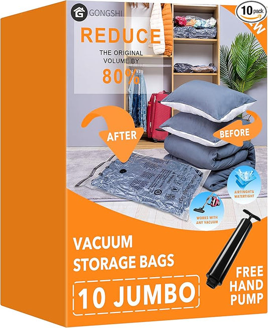 Vacuum Storage Bags (10 x Jumbo), Space Saver Sealer Compression Bags with Travel Hand Pump for Blankets, Comforters, Pillows, Clothes Storage