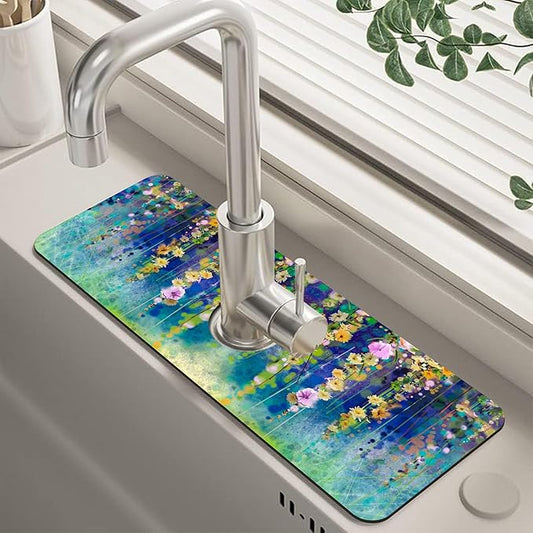 Abstract Watercolor Floral Kitchen Sink Splash Guard Mat Absorbent Fast Drying Mat Faucet Draining Mat Sink Splash Guard Behind Faucet Drip Catcher for Kitchen Bathroom 5.5"×15"