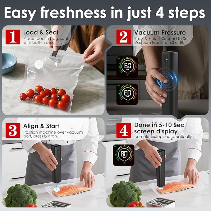 Elxis Vacuum Sealer, Portable handheld Vacuum Sealer + 30 Reusable Vacuum Bags, Portable Food Sealer, With LED pressure display, 2-Speed Pressure Control (60/80 Kpa)