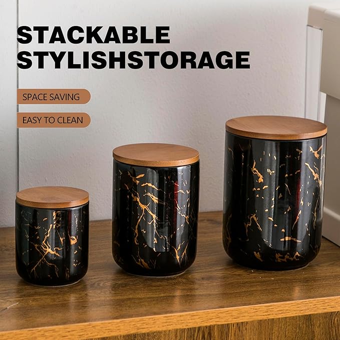 Ceramic Canister Set of 3 for Kitchen Countertop Storage, Black Food Storage Containers Jars with Airtight Wood Lids for Flour, Sugar, Coffee, Tea & Spices, Modern Countertop Decor