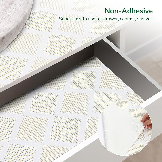 Drawer and Shelf Liner for Kitchen 17.5in x20FT, Non-Slip Non-Adhesive Cabinet Liners for Cupboard, Dresser, Shelves, Tool Box, Pantry, Thickened Easy Install, Strong Grip, Yellow&White