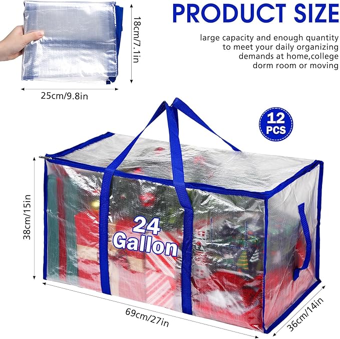 Aliceset 12-Pack Clear Moving Bags 90.84L Heavy Duty Extra Large Storage Totes with Reinforced Handles & Zippers, for Moving, College Dorm, Traveling(Royal Blue)