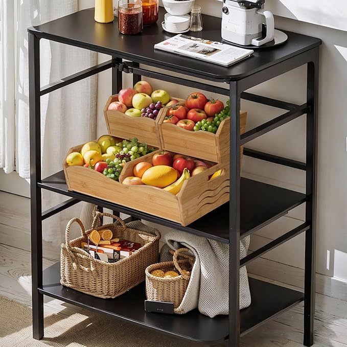3 Pieces Bamboo Pantry Storage Bins, Stackable Pantry Baskets with Handle, Kitchen Potato and Onion Storage Bin, 2 Tiers Pantry Organizer for Produce, Fruits, Vegetable