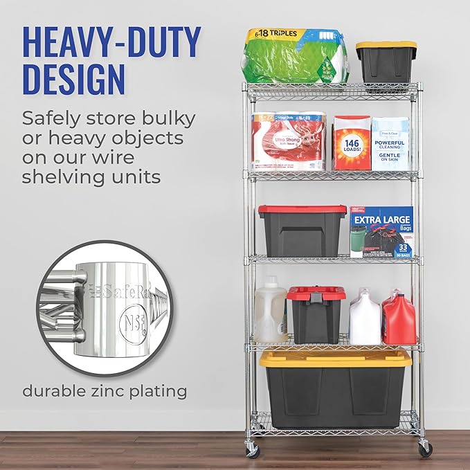 SafeRacks - NSF Certified Storage Shelves, Zinc, Heavy Duty Steel Wire Unit with Wheels and Adjustable Feet, Garage or Bakers Rack, Kitchen, Pantry Shelf - (18"x36"x72" 5-Tier) (Silver)