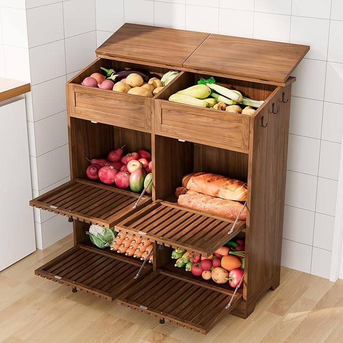 Potato and Onion Storage Bins Box, Mid Century Modern Tall Large Fruit and Vegetable Basket Storage, Walnut 4 Doors Kitchen Pantry Cabinet for Snack, Wooden Bread Storage, 3 Tier, Magnetic Flip-top