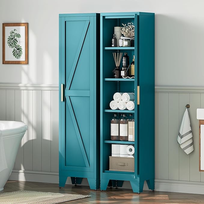 LCAOPC 67" Tall Narrow Bathroom Metal Storage Cabinet with 4 Adjustable Shelves, Freestanding 5 Tier Slim Pantry Storage Cabinet for Small Space, Peacock