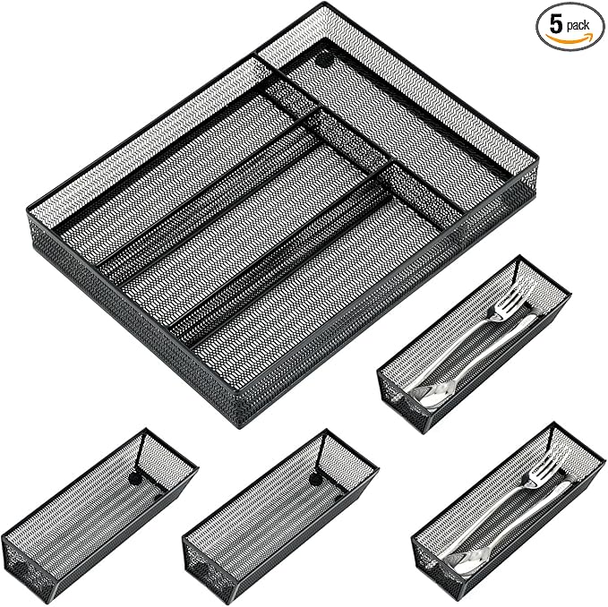 Neudeco Drawer Organizer Set 5 Pack - 4-Compartment Silverware Organizer Tray + 4 Utensil Trays, Kitchen Drawer Organizer for Flatware, Cutlery, Office Supplies, Black Mesh, Non-Slip.