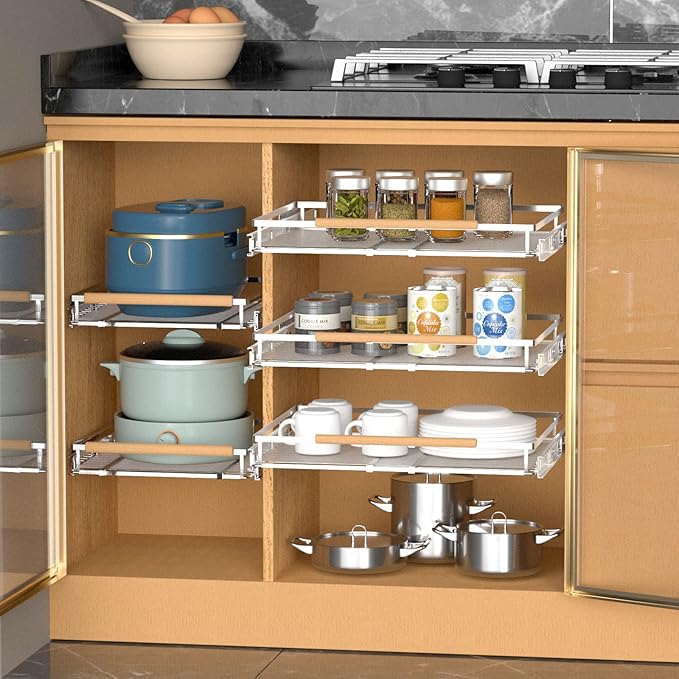 KIKIBRO Pull Out Drawer Cabinet Organizer, Expandable Slide Out Storage Shelves - Heavy Duty, Durable and Smooth Slide-Out, 23" x 40" Wide x 22.5" Deep, 2 Pack
