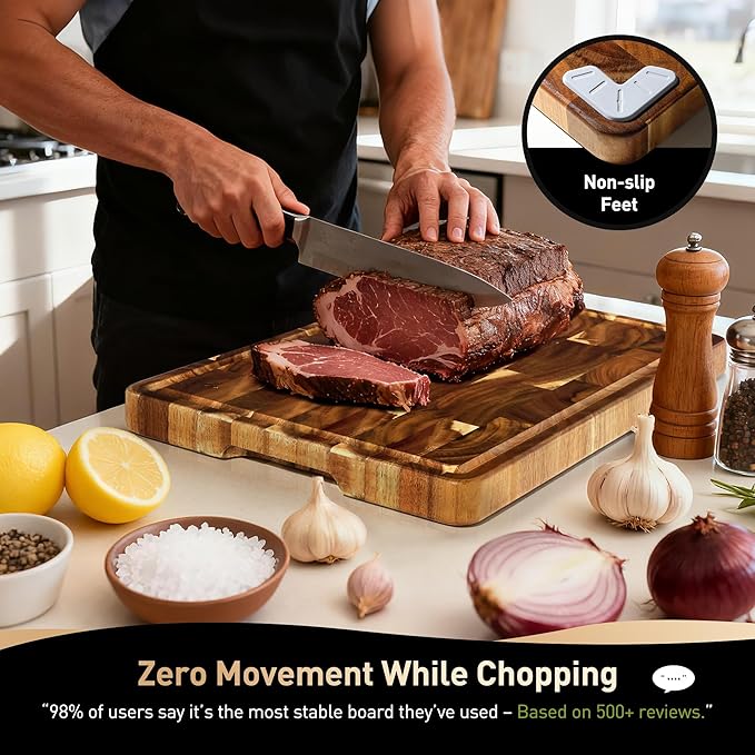 End Grain Cutting Board for Kitchen with Non-slip Feet, Acacia Wood Heavy Duty Checkered Cutting Board Handcrafted Luxury Chopping Board for Cooking and Serving Wooden Butcher Block Non Toxic