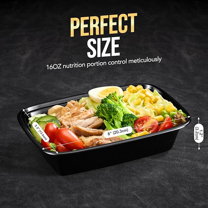 20-Piece (10-Pack) 16 OZ Meal Prep Containers Reusable with Lids, Sturdy Leakproof & Food Safe, Microwave, Freezer, Dishwasher Safe To Go Food Containers, Plastic Take Out Containers, Black