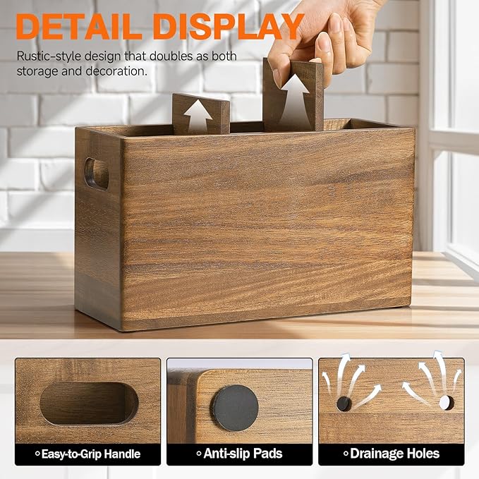 ONEARF Wooden Utensil Holder Counter, Kitchen Utensil Organizer Large 3 Compartment Cooking Utensils Holder, Acacia Rustic Wood Farmhouse Storage Container Crocks for Silverware and Cooker Set